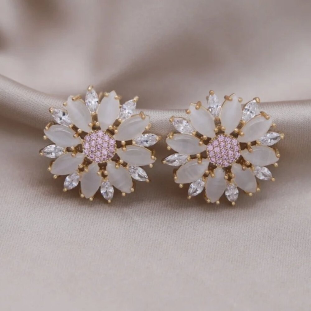 FLORAL CZ GOLD ROUND EARRINGS - Picture 5 of 6